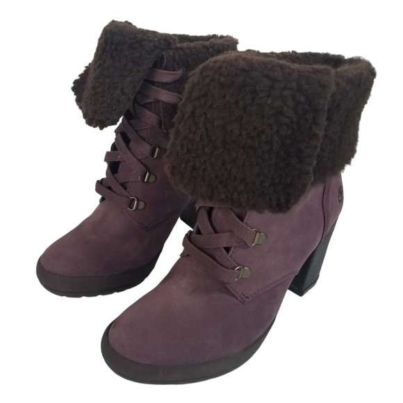 Timberland Camdale‎ Fold Down Purple Leather Heeled Boots A22E4 Womens size 7 - Picture 1 of 15